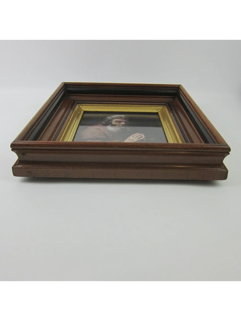 Antique Victorian Deep Picture Frame Walnut Wood Gold Gilt Old Man Praying Print